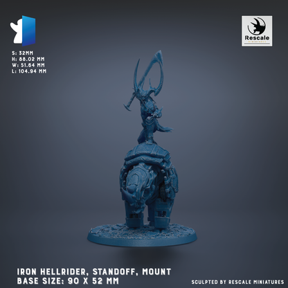 a figurine of an Iron Hellrider, a character from the video game series The Legend of Zelda: Twilight Princess. The figurine is mounted on a mechanical creature, and it is described as a "Standoff Mount" with a base size of 90 x 52 mm. The figurine is sculpted by Rescale miniatures.