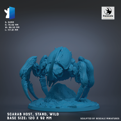 The image is a 3D model of a large, blue-colored spider with sharp claws, standing on a base. The spider is depicted in a dynamic pose, with its legs spread out and its body oriented towards the right side of the image. The base of the spider is described as having a base size of 120 x 92 mm.
