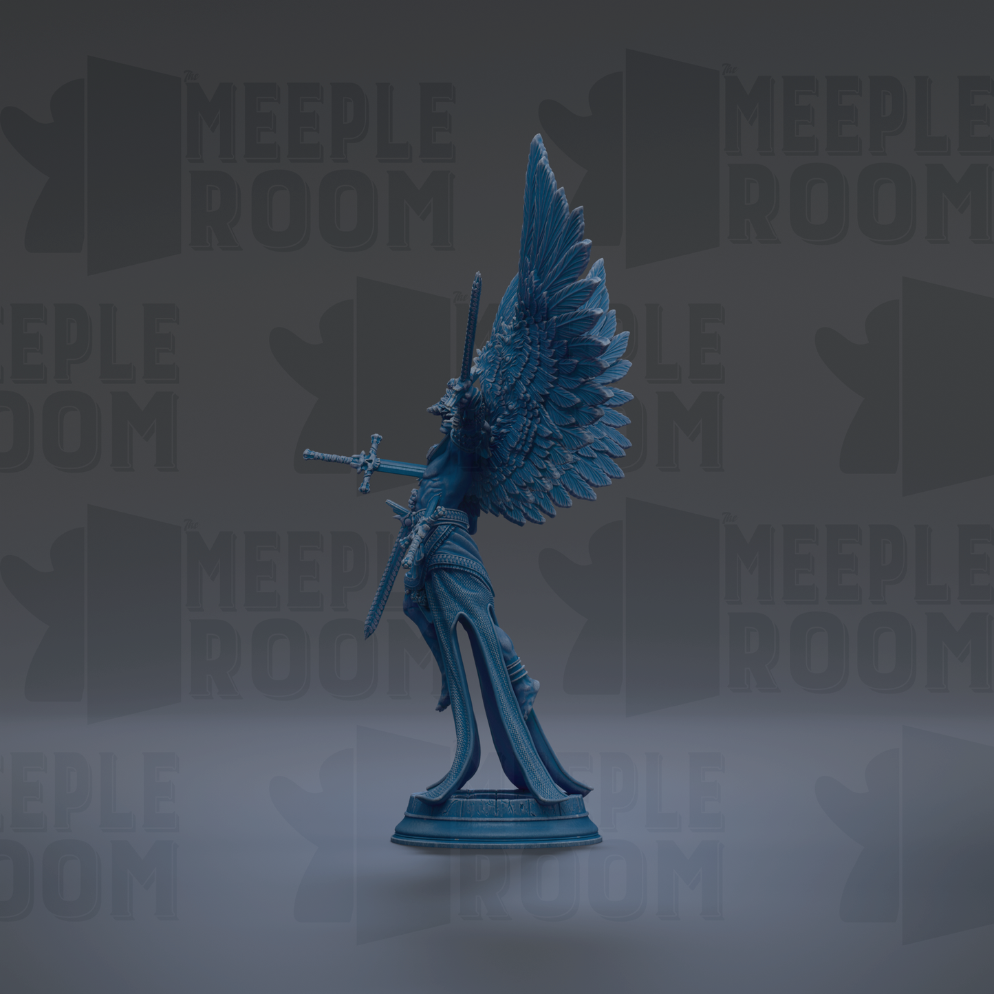 A blue statue of a winged figure holding a sword stands prominently against a dark background with repeated "MEIPLE ROOM" text.