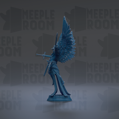 A blue statue of a winged figure holding a sword stands prominently against a dark background with repeated "MEIPLE ROOM" text.