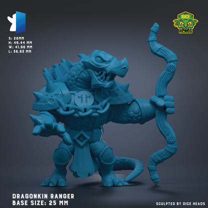 A 3D model of a Dragonkin Ranger character, a fantasy creature with a dragon-like body and a bow-like weapon. The character is depicted in a dynamic pose, with its arms outstretched and a determined expression on its face. The image is described as a "base size: 25 mm" and is "sculpted by dice heads".