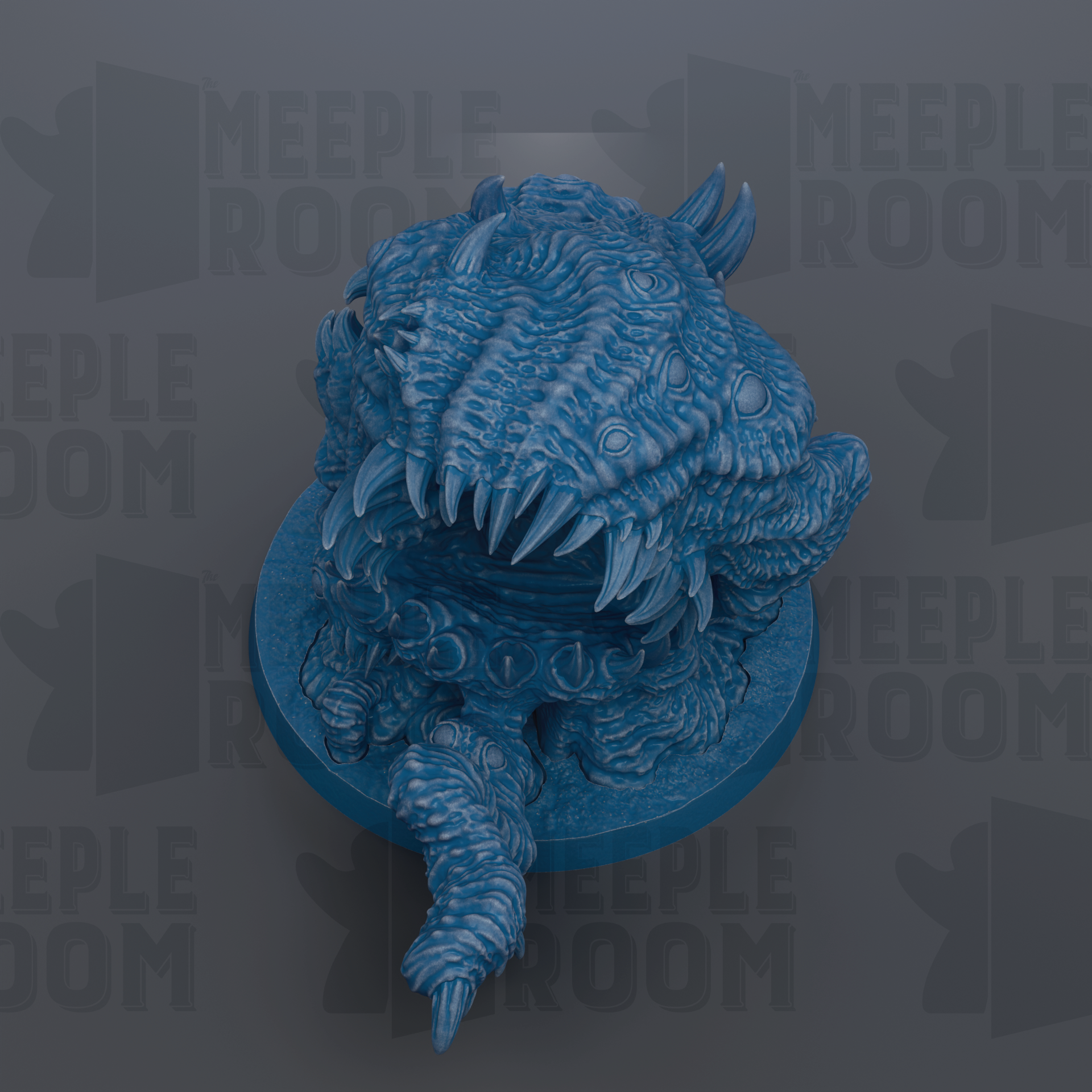 A blue, 3D-rendered creature with sharp teeth and claws, resembling a fantastical or mythical creature, is depicted in the image.