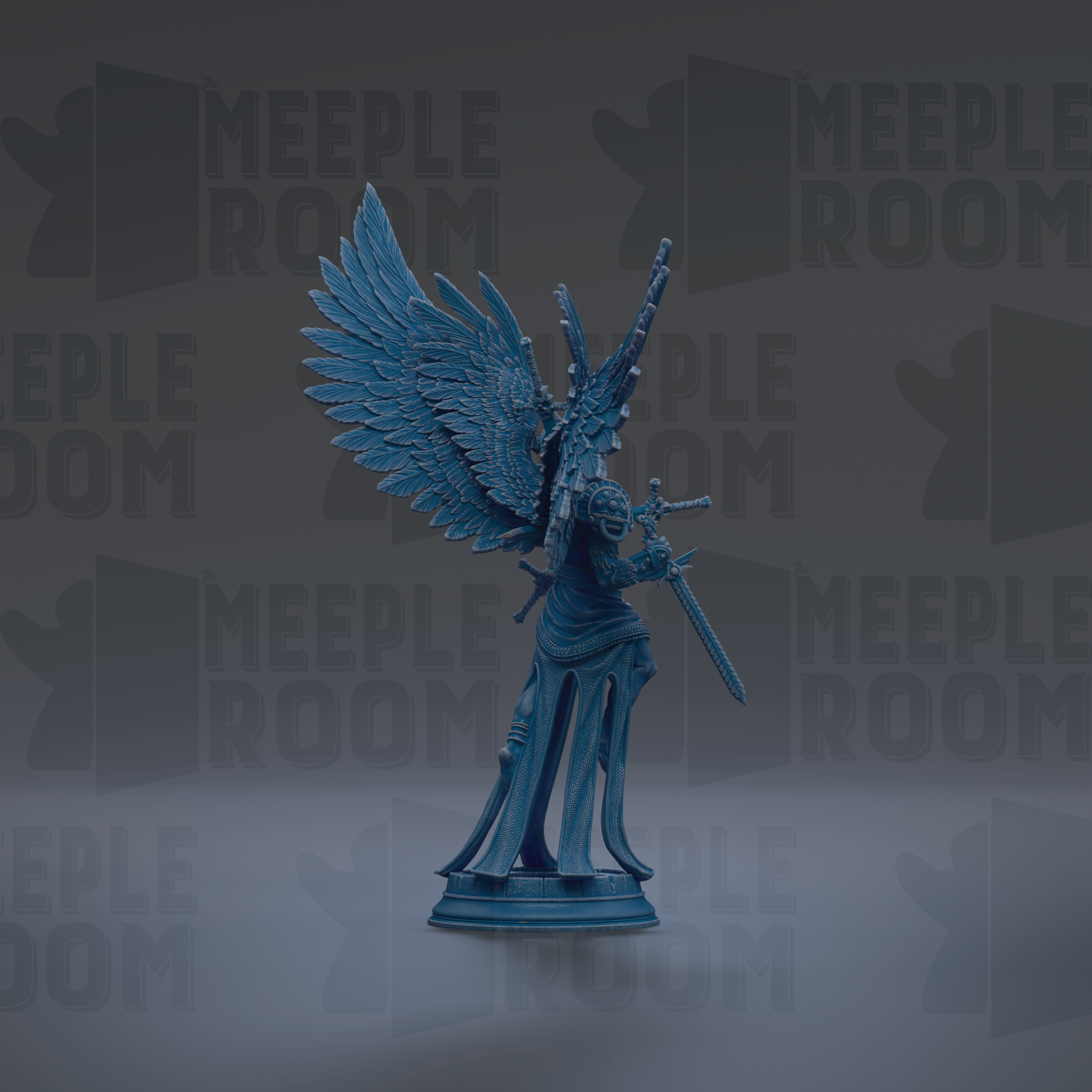 A blue statue of a winged figure holding a sword and shield stands prominently against a dark background with repeated text.