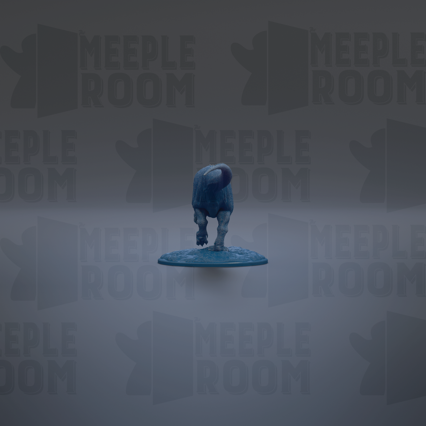 a blue dinosaur figurine standing on a blue platform against a gray background with repeated "MEIPLE ROOM" text.
