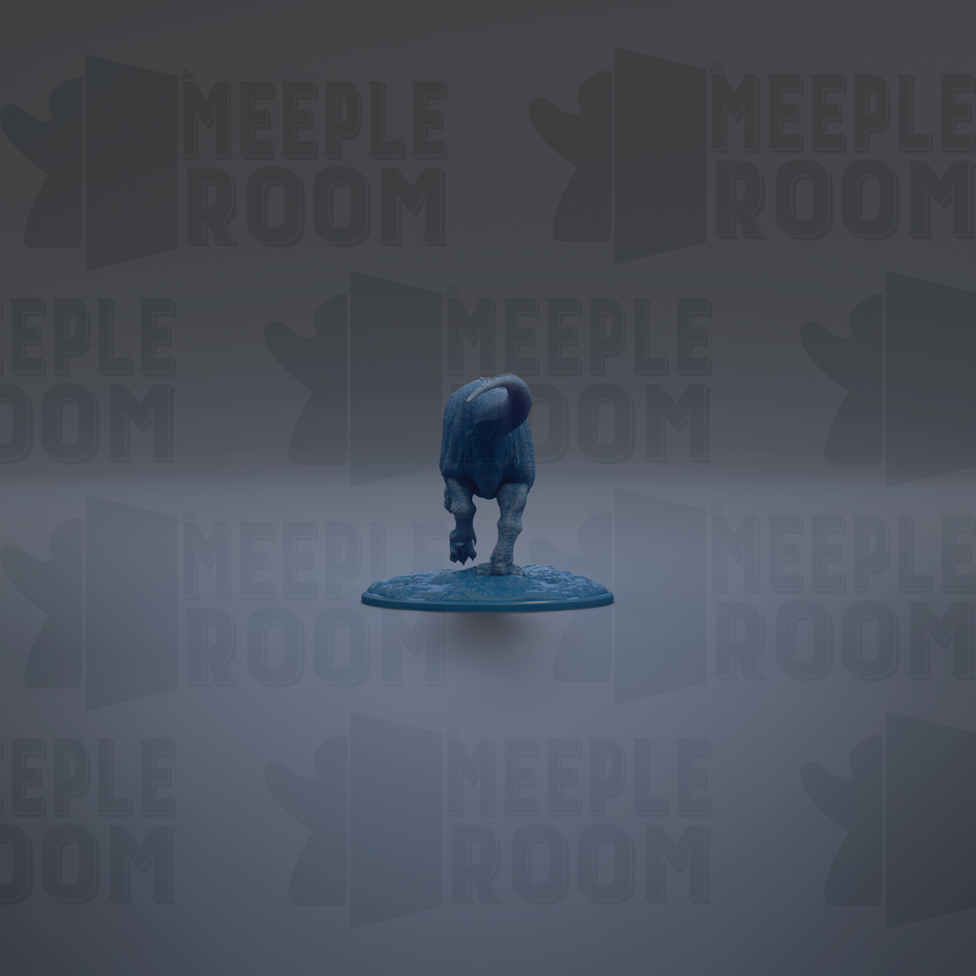 a blue dinosaur figurine standing on a blue platform against a gray background with repeated "MEIPLE ROOM" text.