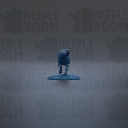 a blue dinosaur figurine standing on a blue platform against a gray background with repeated "MEIPLE ROOM" text.