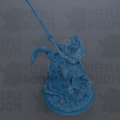 A blue figurine of a dragon-like creature with a long, curved weapon in its hand, standing on a platform.