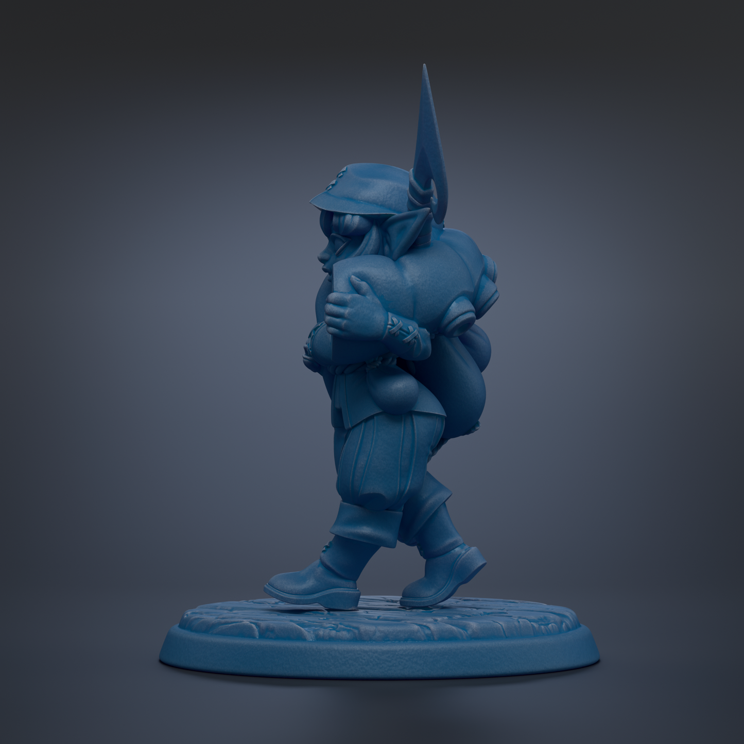 A blue figurine of a person standing on a base, holding a shield in their hand.