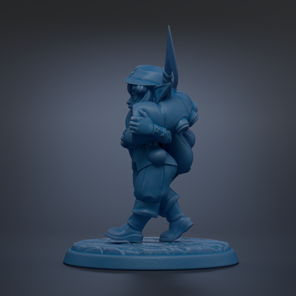 A blue figurine of a person standing on a base, holding a shield in their hand.
