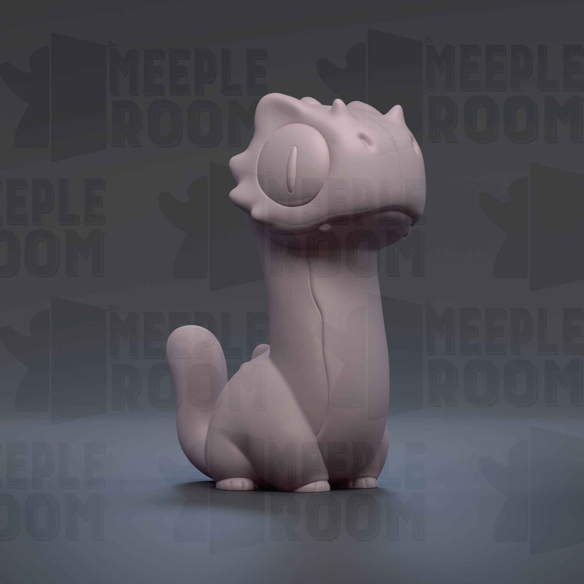 A 3D rendering of a small, cartoonish-looking creature with a long neck and a large head, sitting on a gray surface against a dark background.