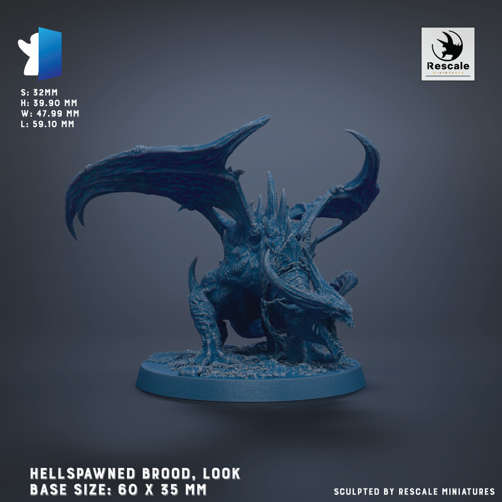A 3D rendering of a Hellspawned Brood, a type of fantasy creature, with its wings spread wide. The creature is depicted in a detailed, realistic style, with a blue color scheme. The image is labeled with the text "HELLSPAWNED BROOD, LOOK BASE SIZES: 60 X 35 MM" and "Sculpted by RESCALE MINIATURES".
