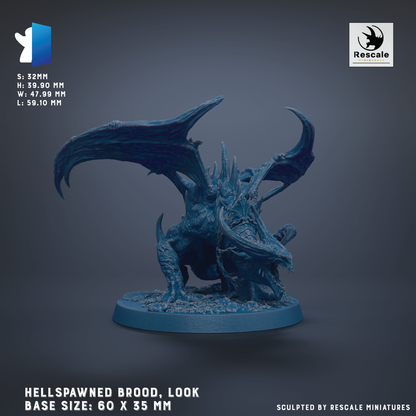 A 3D rendering of a Hellspawned Brood, a type of fantasy creature, with its wings spread wide. The creature is depicted in a detailed, realistic style, with a blue color scheme. The image is labeled with the text "HELLSPAWNED BROOD, LOOK BASE SIZES: 60 X 35 MM" and "Sculpted by RESCALE MINIATURES".