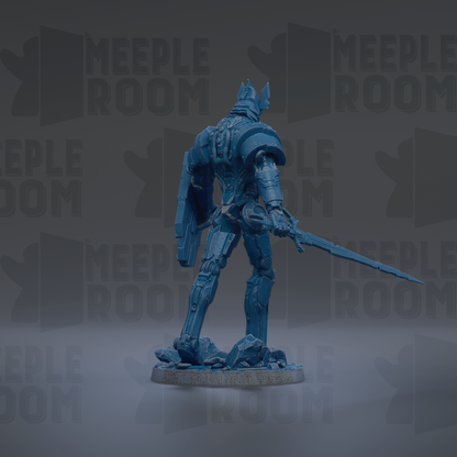 A blue, armored robot figure holding a sword stands in the center of the image against a dark background with repeated text.