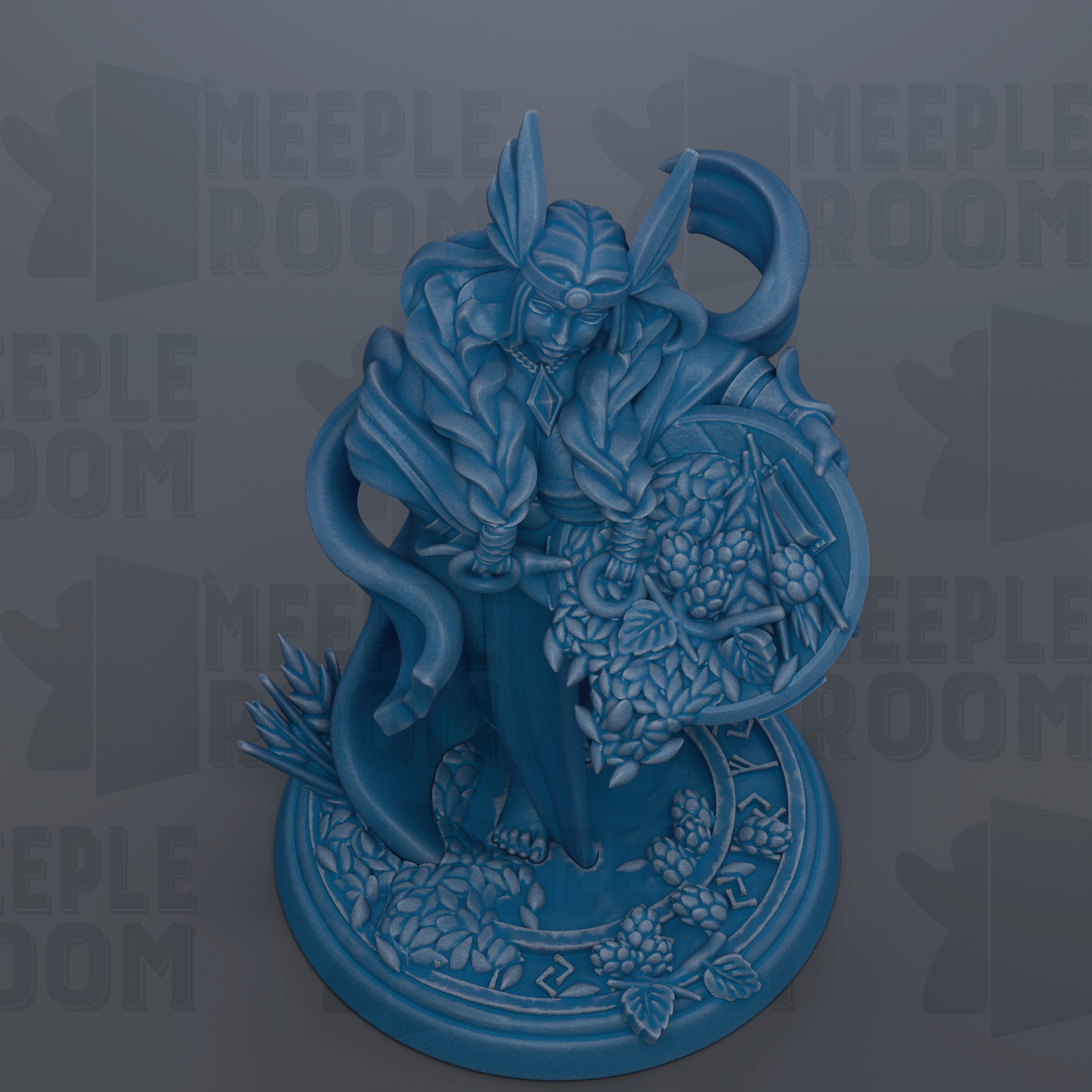A blue figurine of a woman with a headdress, standing on a base with a circular design and various decorative elements.