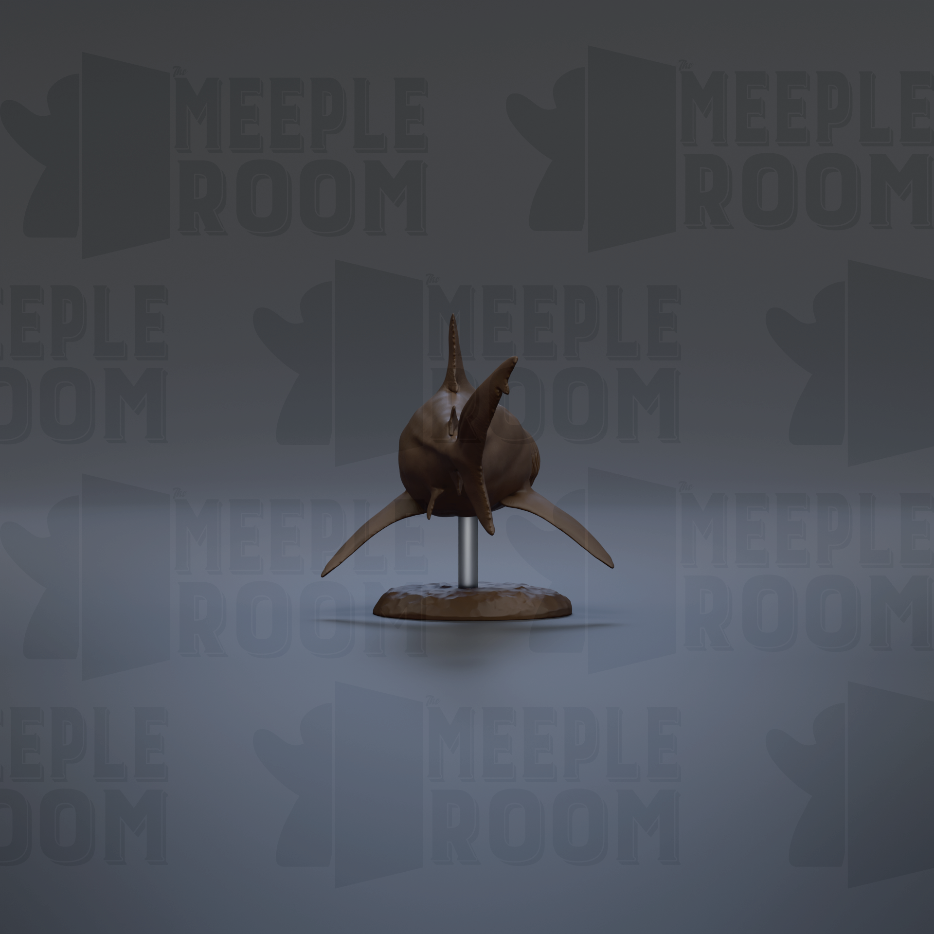 a brown shark sculpture on a stand against a gray background with repeated "MEIPLE ROOM" text.
