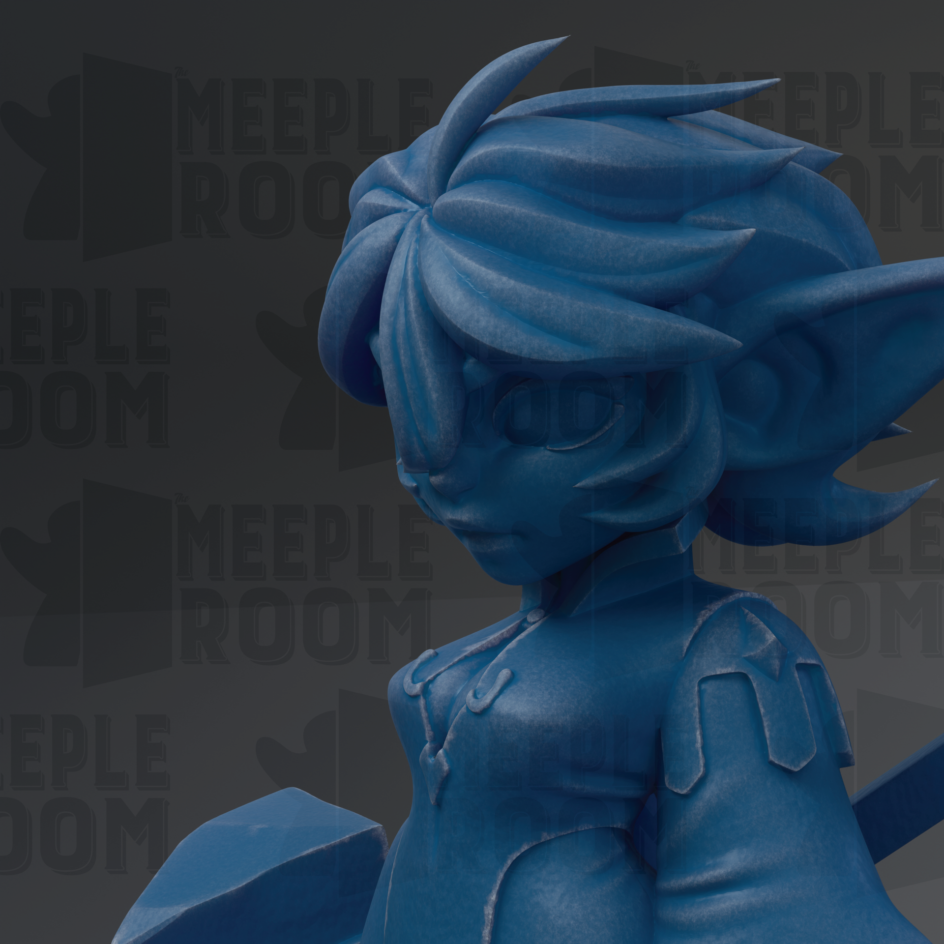 A close-up of a blue, 3D-rendered character with a detailed, stylized appearance.