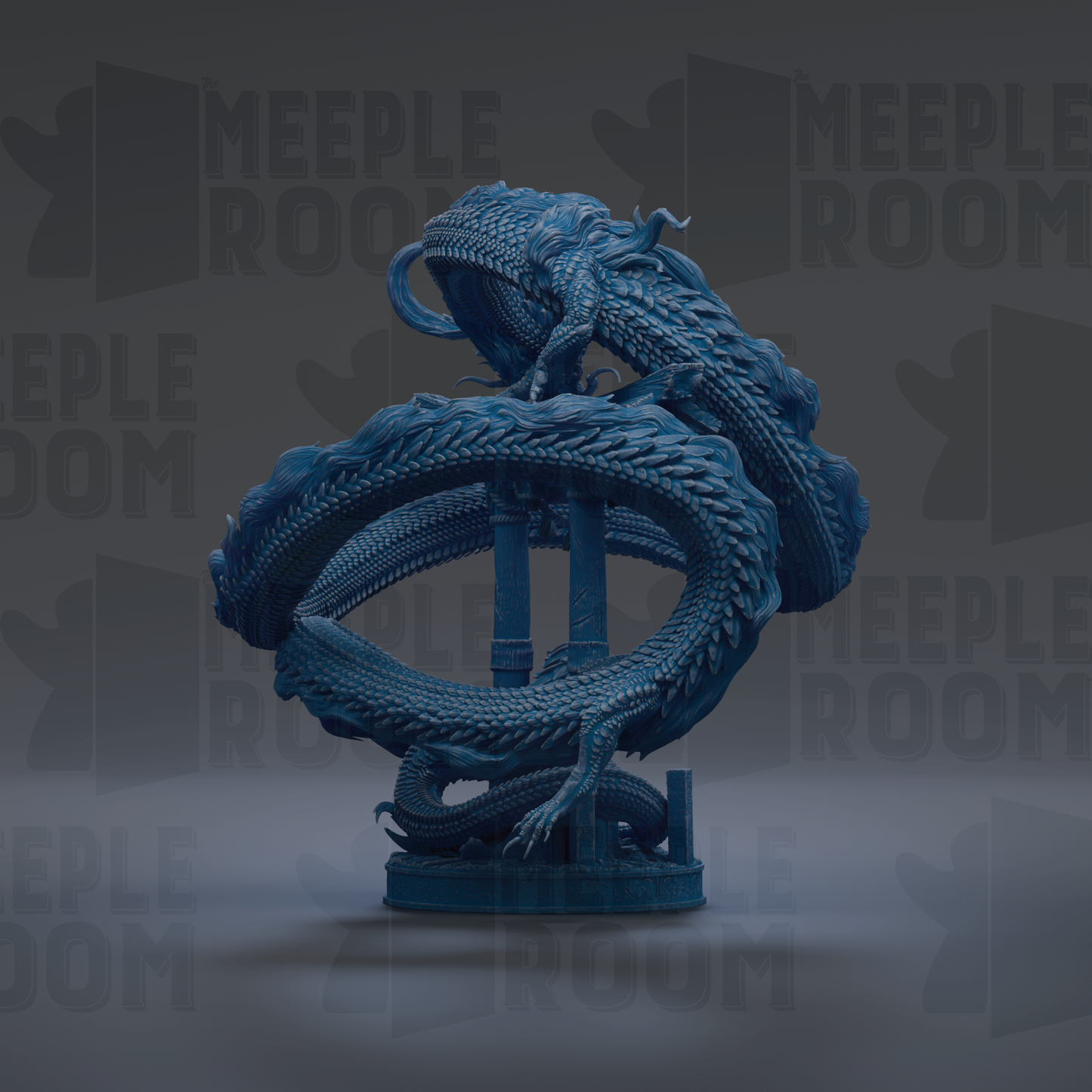 A blue dragon statue with intricate scales and flowing fins, standing on a pedestal against a dark background.