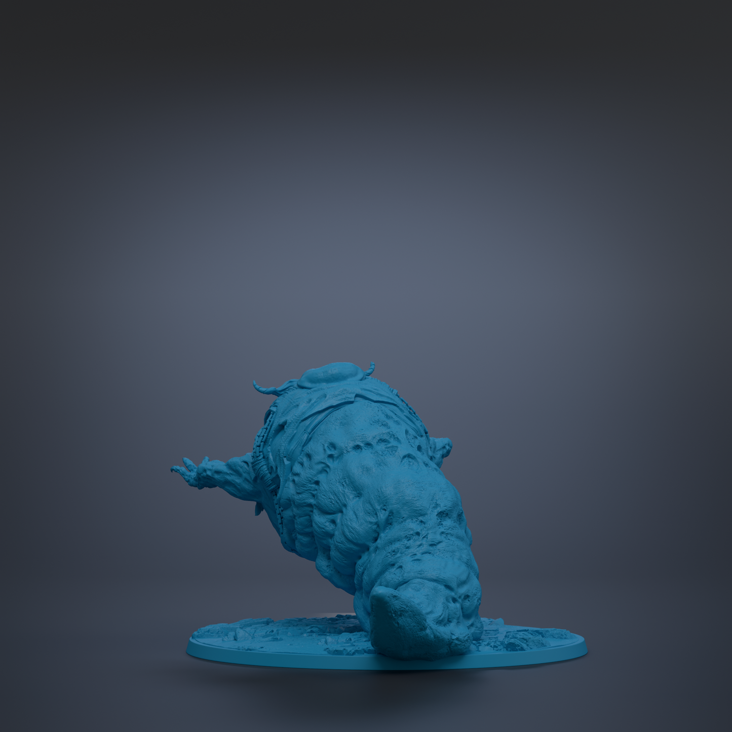 A blue, 3D-rendered creature resembling a fish or sea creature is shown in a dynamic, upside-down pose against a dark background.