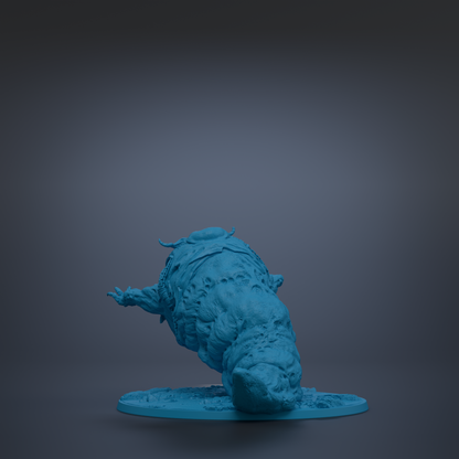 A blue, 3D-rendered creature resembling a fish or sea creature is shown in a dynamic, upside-down pose against a dark background.