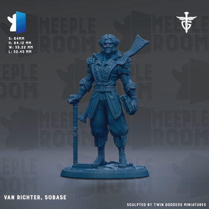 a figurine of a character named Van Richter, who is depicted as a warrior with a sword and a shield. The figurine is standing on a base and is shown in a dynamic pose, ready for action. The background of the image is dark, which contrasts with the figurine and makes it stand out. The image does not contain any text, and the figurine is the main focus of the image.