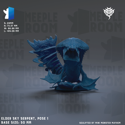 a blue serpent-like creature with a large head and long, flexible body, posed in a dynamic position. The creature appears to be a model or sculpture, with the text "Elder Sky Serpent, pose 1" and "Base Sizes: 50 mm" visible. The background is a dark gray color, and the text "MEIPLE ROOM" is repeated throughout the image.