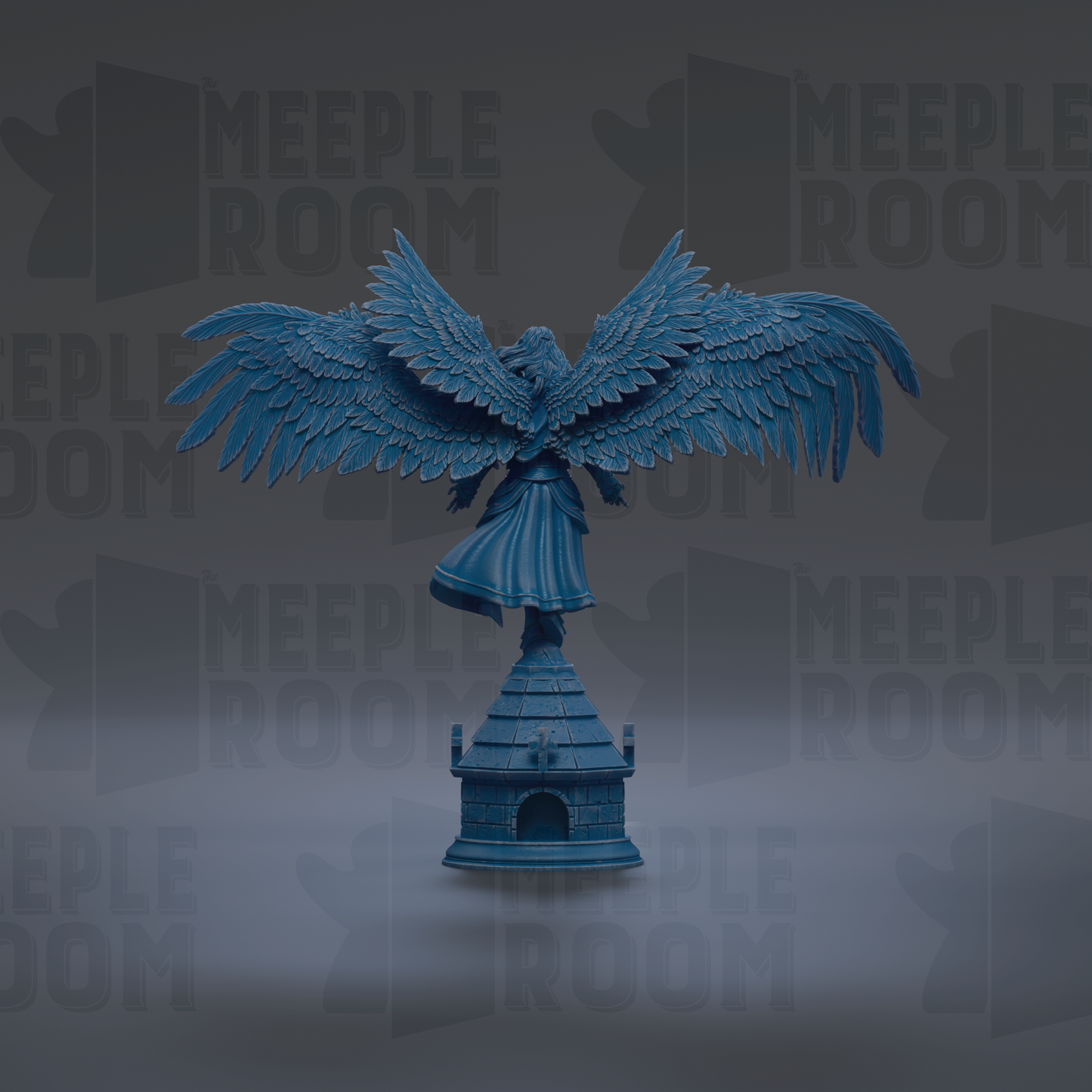 A blue statue of a winged figure with a pointed hat stands on a small building-like structure against a dark background with repeated text.