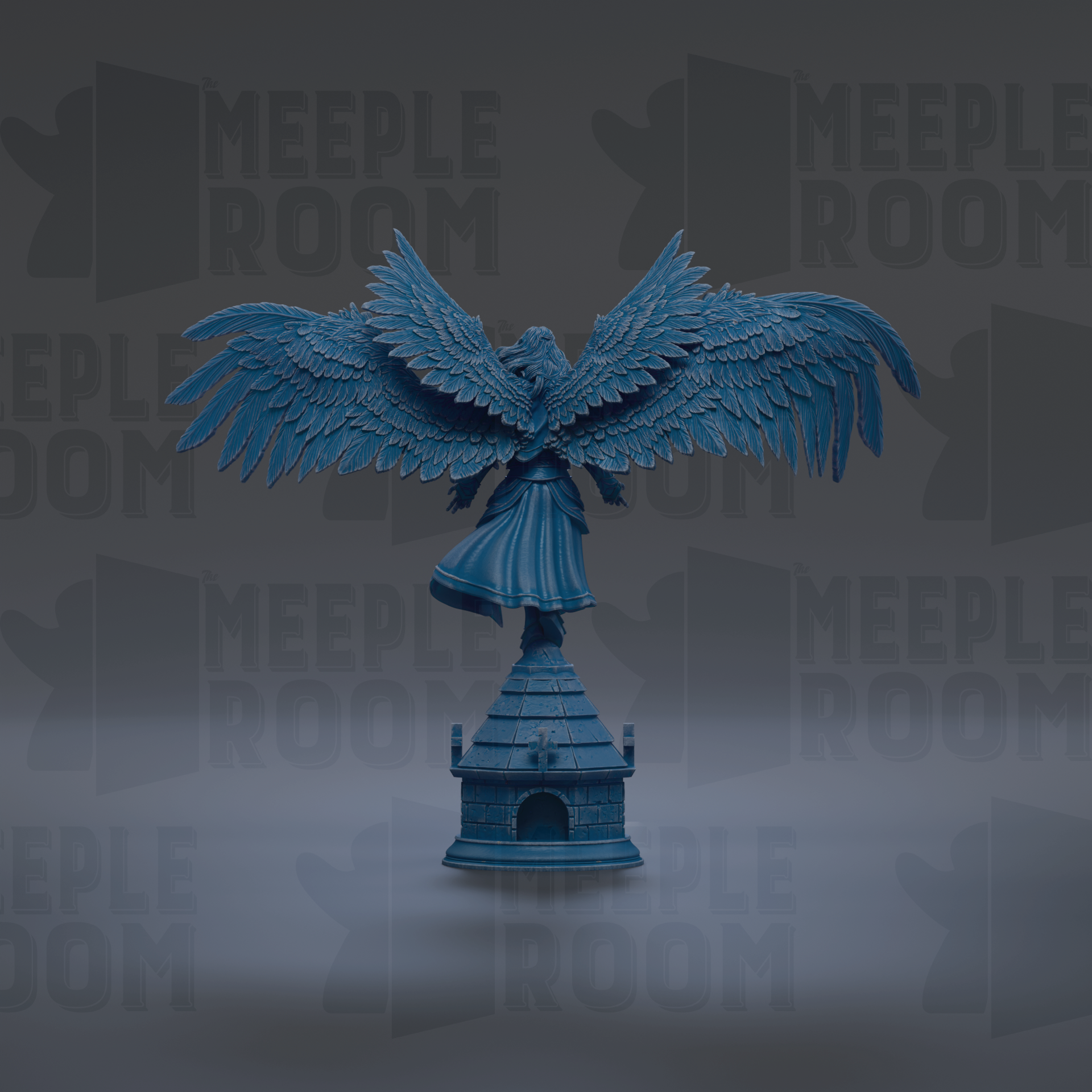 A blue statue of a winged figure with a pointed hat stands on a small building-like structure against a dark background with repeated text.