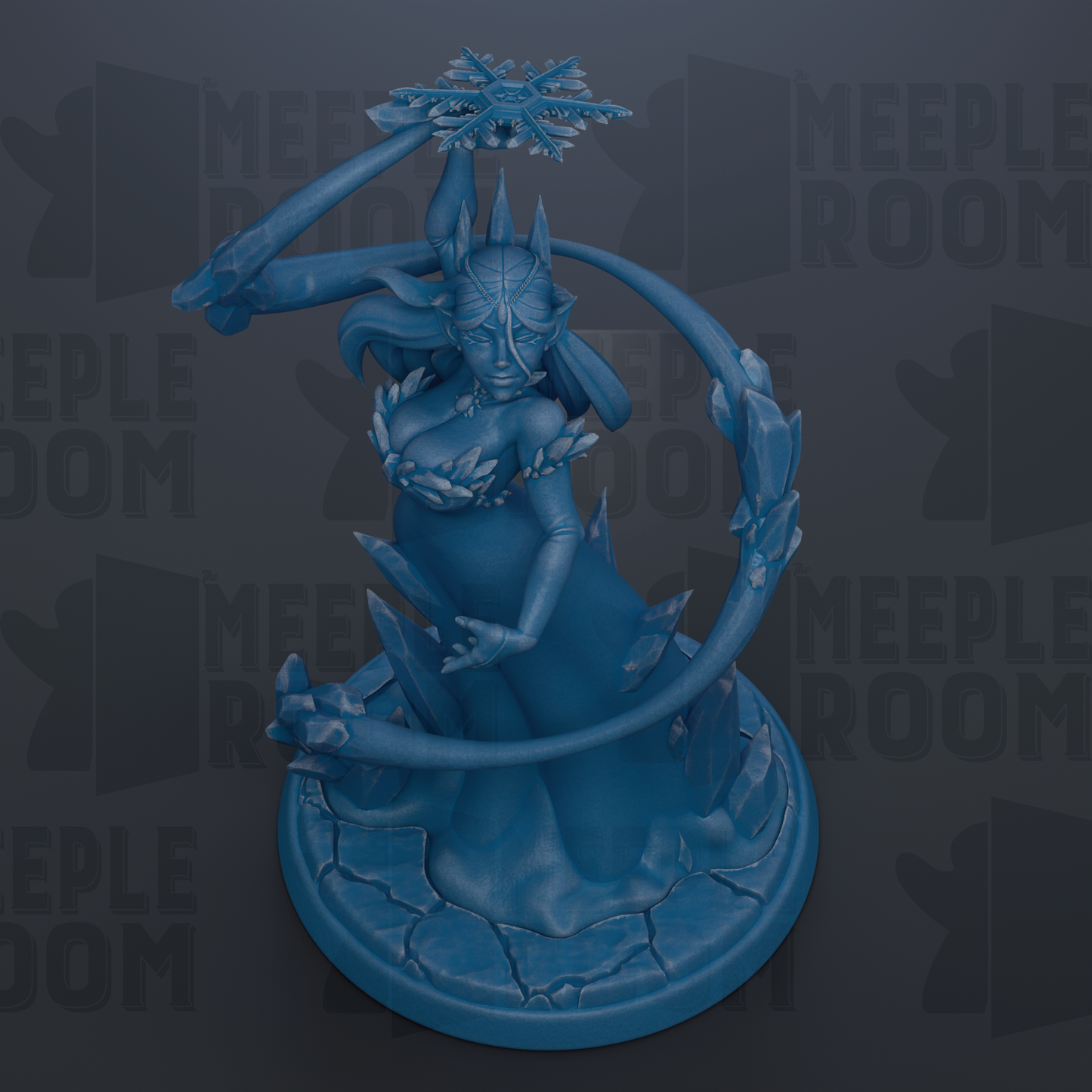 A blue figurine of a female character with a crown and holding a sword, standing on a pedestal.