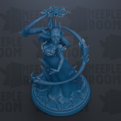 A blue figurine of a female character with a crown and holding a sword, standing on a pedestal.