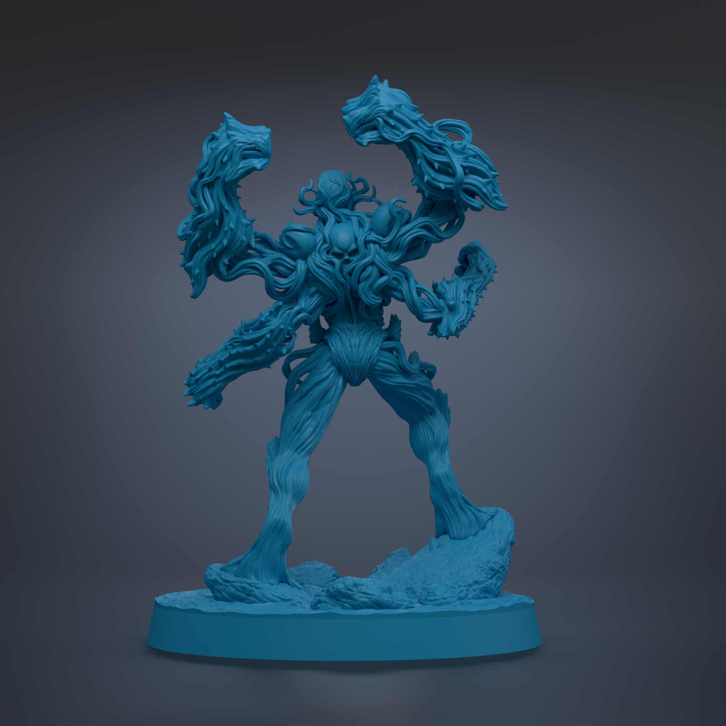 A blue, abstract, and organic-looking figurine or sculpture with a complex, organic structure and flowing, organic forms.