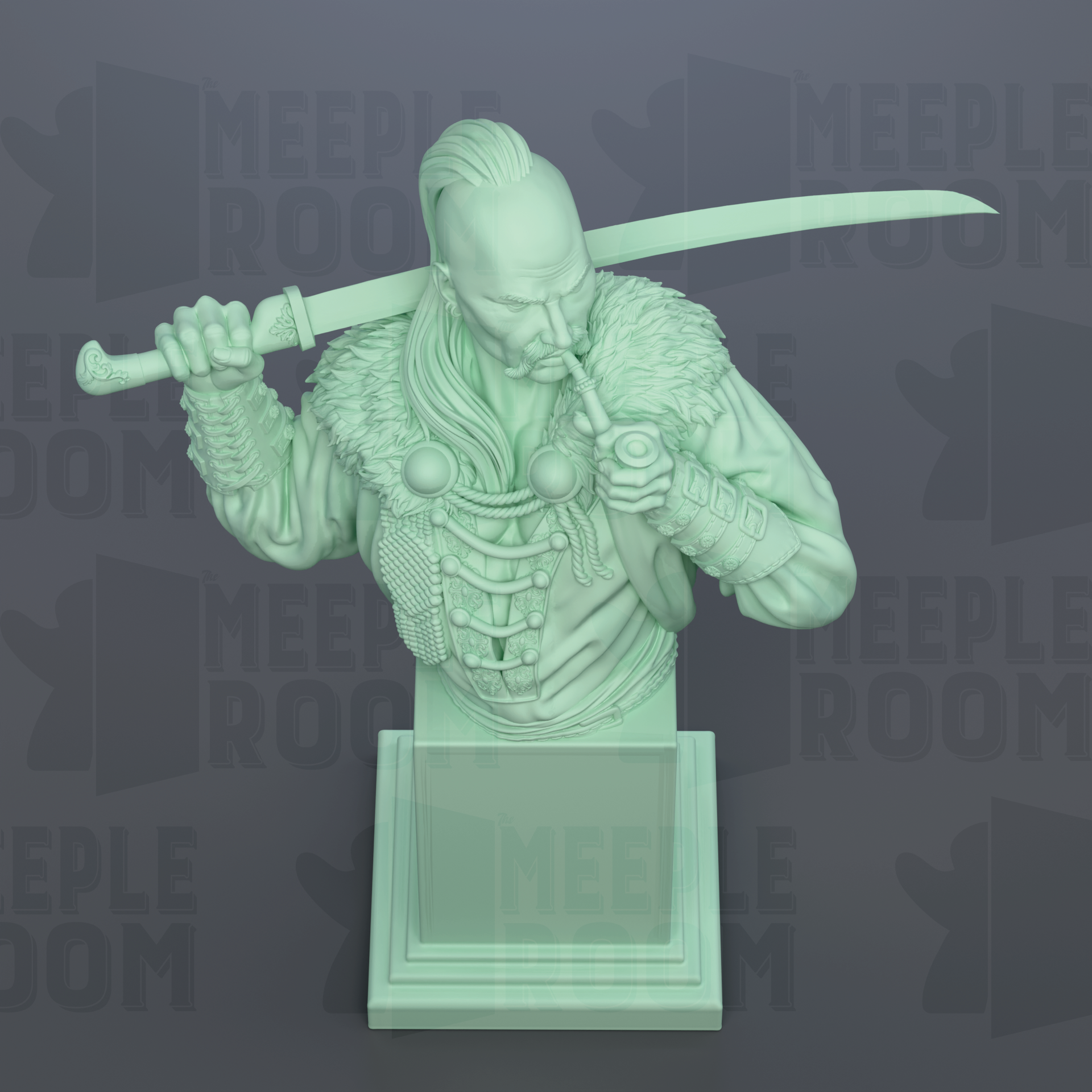 A green statue of a warrior holding a sword and shield, with a fur-trimmed jacket and a serious expression on his face.