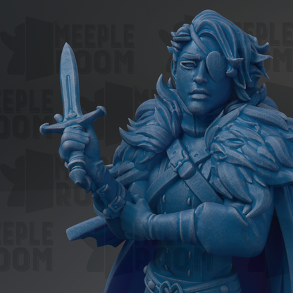 A blue statue of a warrior figure holding a sword and shield, with a serious expression on their face.