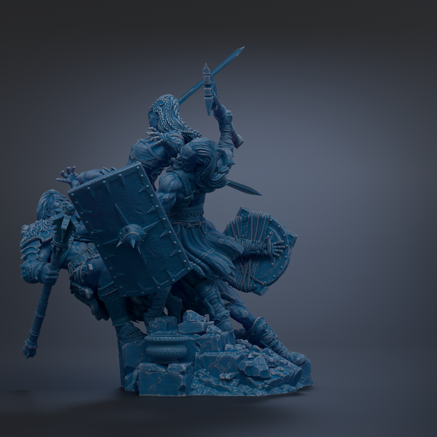 A 3D rendering of a warrior figure wielding a sword and shield, standing on a rocky platform.
