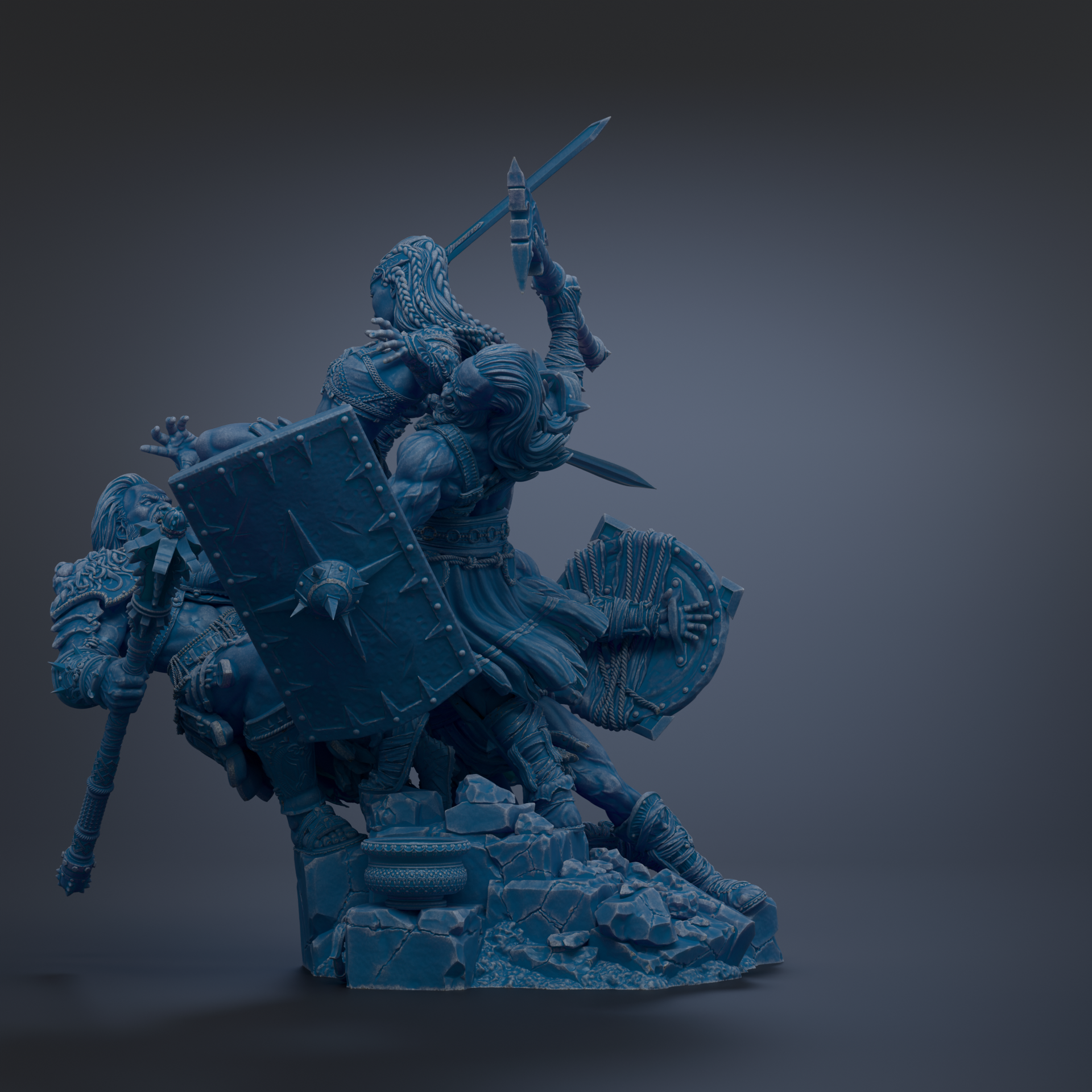 A 3D rendering of a warrior figure wielding a sword and shield, standing on a rocky platform.