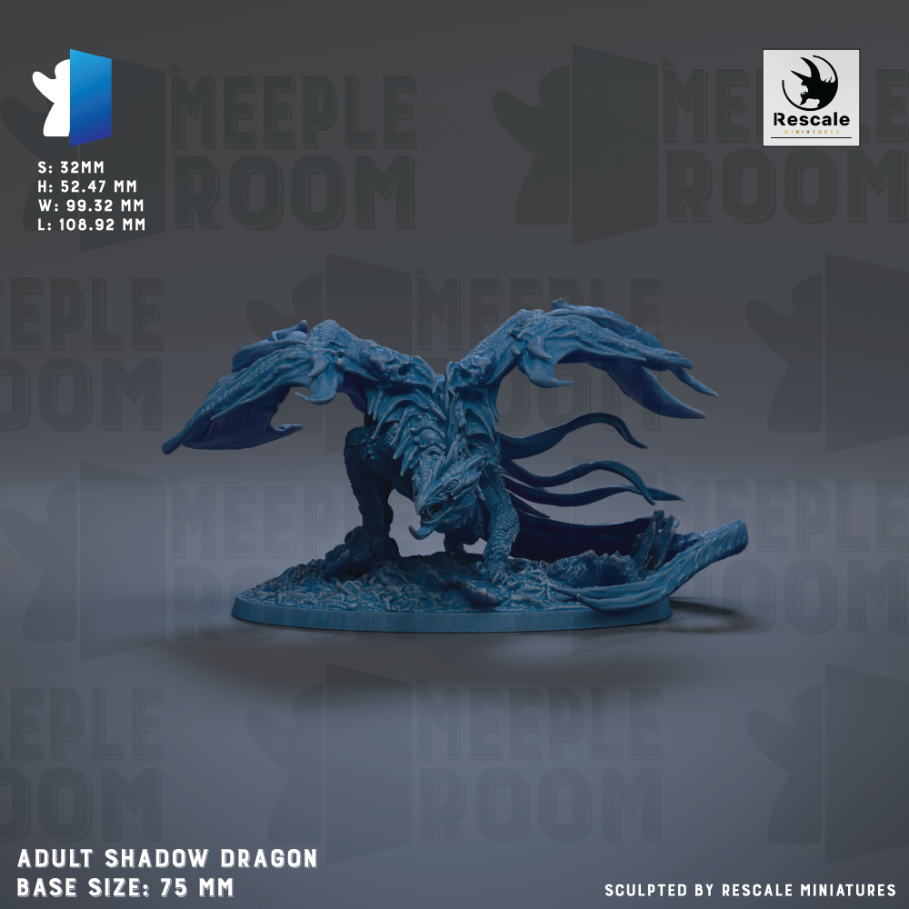The image is a 3D model of an adult shadow dragon, with a base size of 7.5 mm.