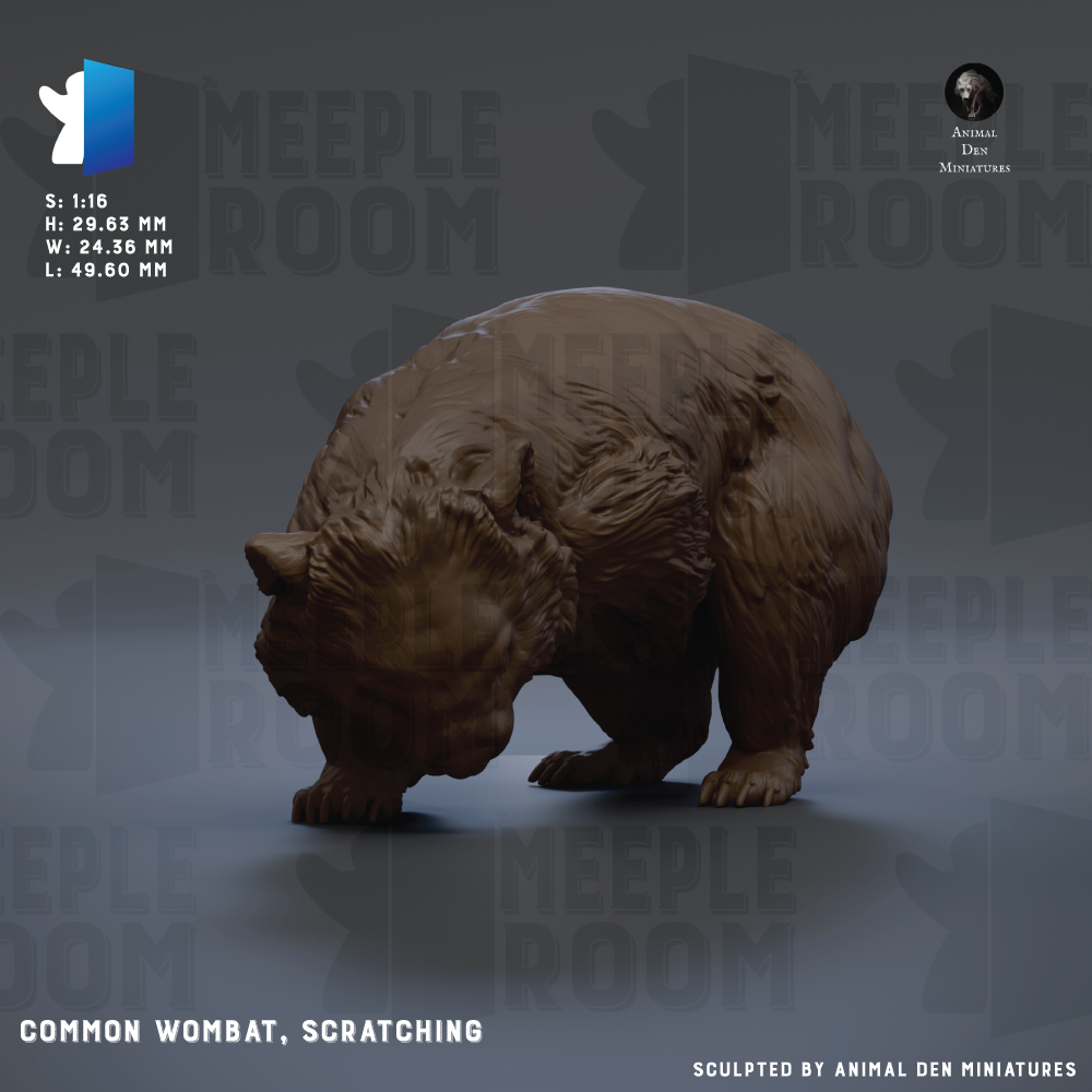 The image is a 3D rendering of a brown bear, specifically a Common Wombat, which is a type of wombat. The bear is shown in a crouching position, appearing to be scratching itself. The bear is the main focus of the image, and there is no additional text present.