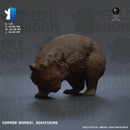 The image is a 3D rendering of a brown bear, specifically a Common Wombat, which is a type of wombat. The bear is shown in a crouching position, appearing to be scratching itself. The bear is the main focus of the image, and there is no additional text present.