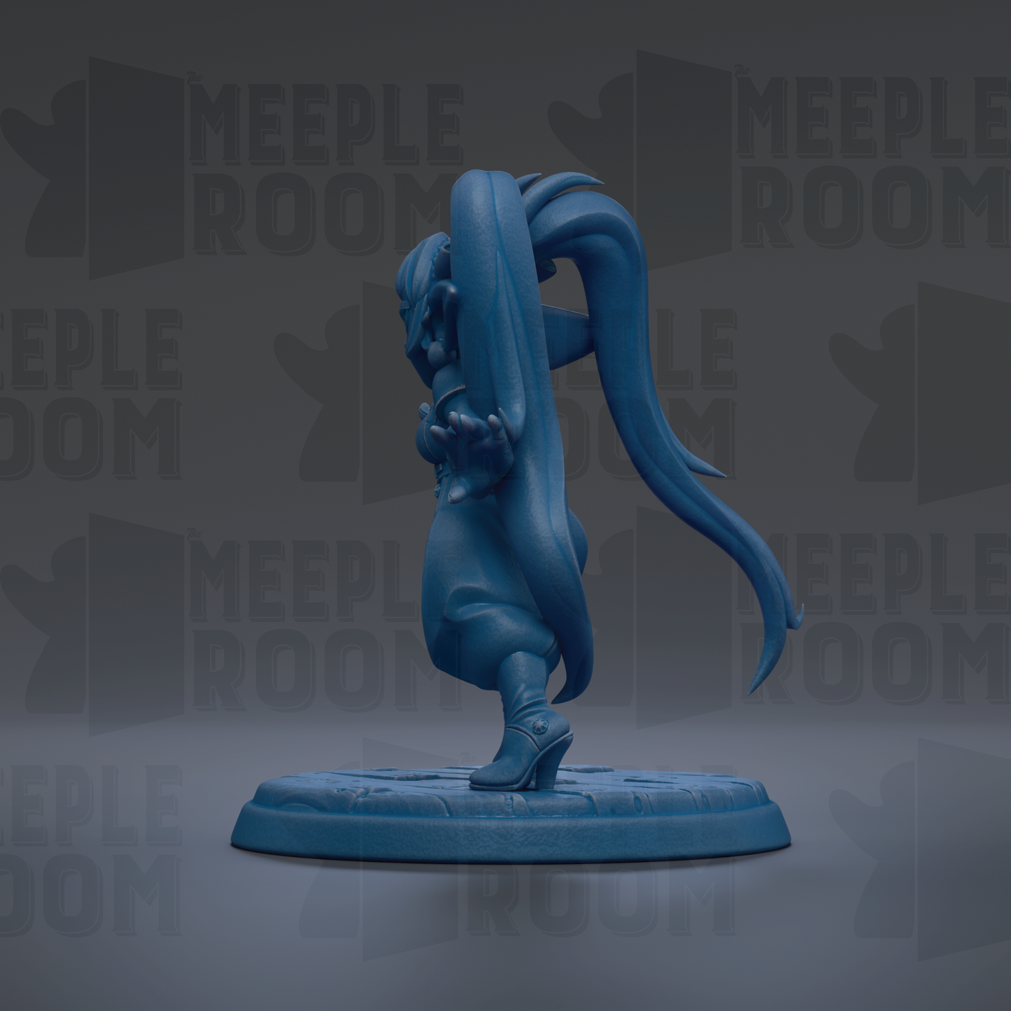 A blue figurine of a character with long, flowing hair and a distinctive pose, standing on a platform against a dark background with repeated text.