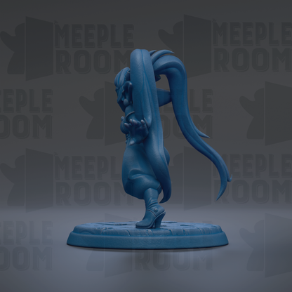 A blue figurine of a character with long, flowing hair and a distinctive pose, standing on a platform against a dark background with repeated text.