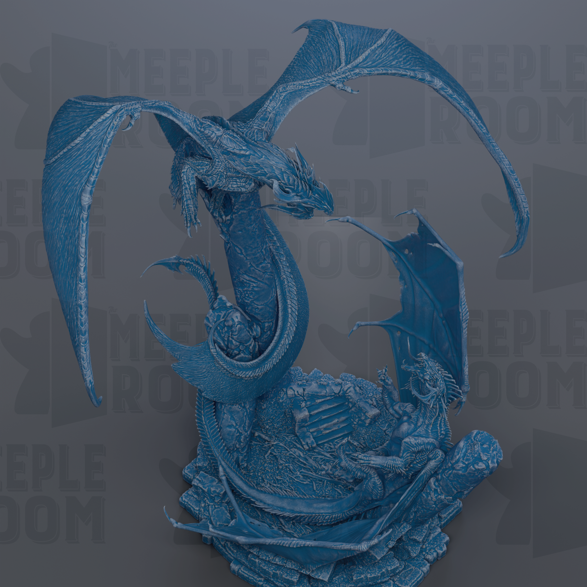 A detailed 3D rendering of a blue dragon-like creature with wings spread wide, perched on a rock formation.