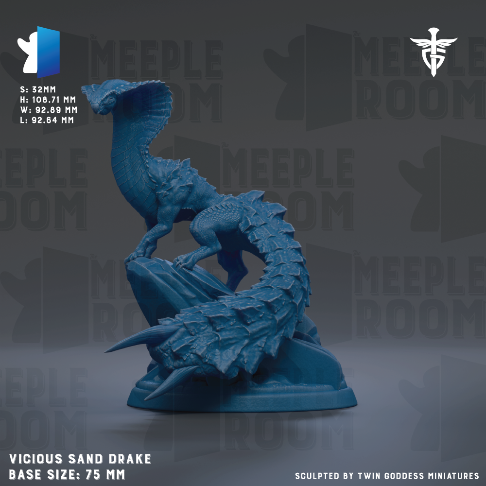 a blue, 3D-rendered model of a Vicious Sand Drake, a mythical creature with a long, coiled body and sharp teeth. The base size of the model is 75 millimeters.