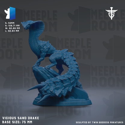 a blue, 3D-rendered model of a Vicious Sand Drake, a mythical creature with a long, coiled body and sharp teeth. The base size of the model is 75 millimeters.