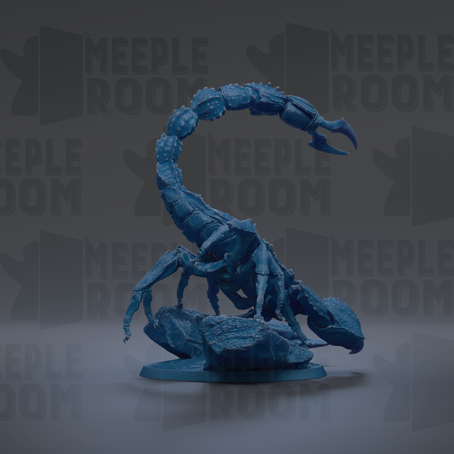 A blue, 3D-rendered scorpion figurine is shown against a dark background with repeated text.