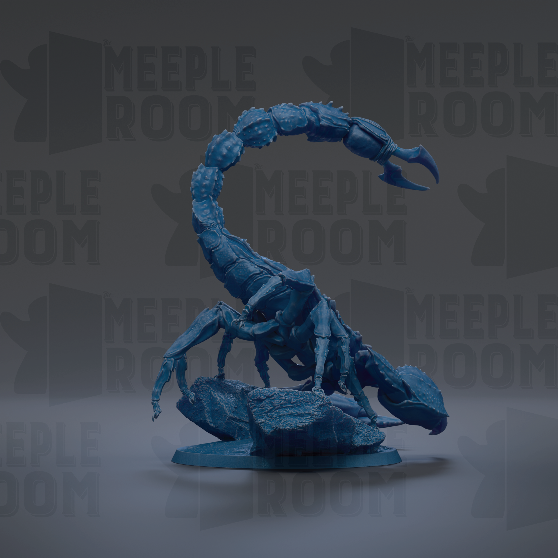 A blue, 3D-rendered scorpion figurine is shown against a dark background with repeated text.