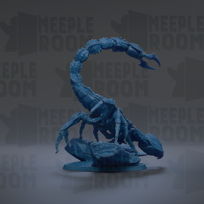 A blue, 3D-rendered scorpion figurine is shown against a dark background with repeated text.