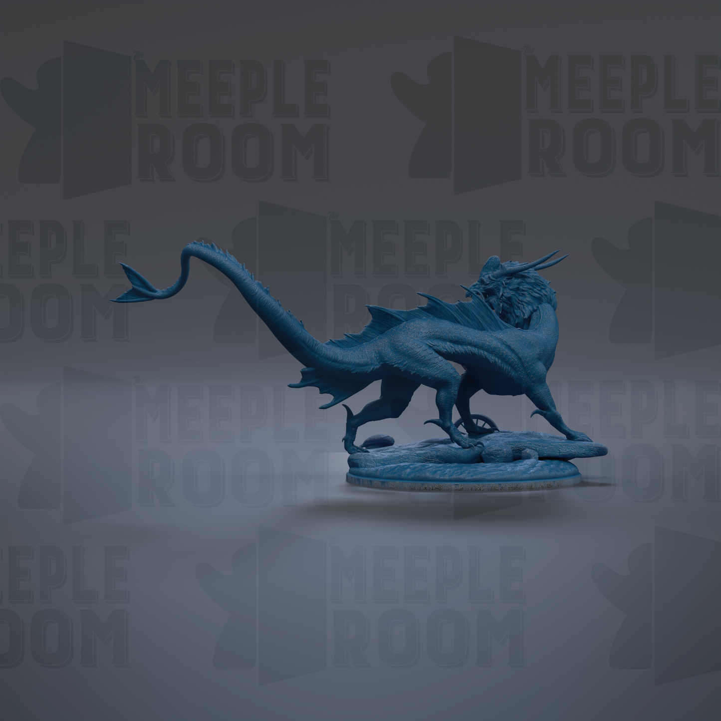 A blue dragon figurine is shown against a dark background with repeated text.