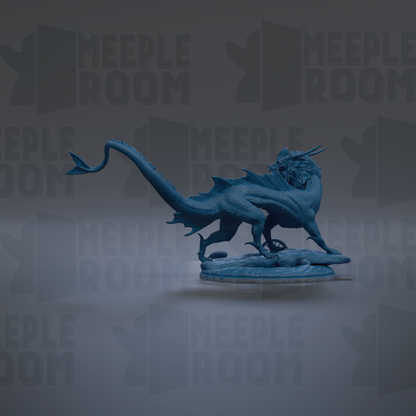 A blue dragon figurine is shown against a dark background with repeated text.