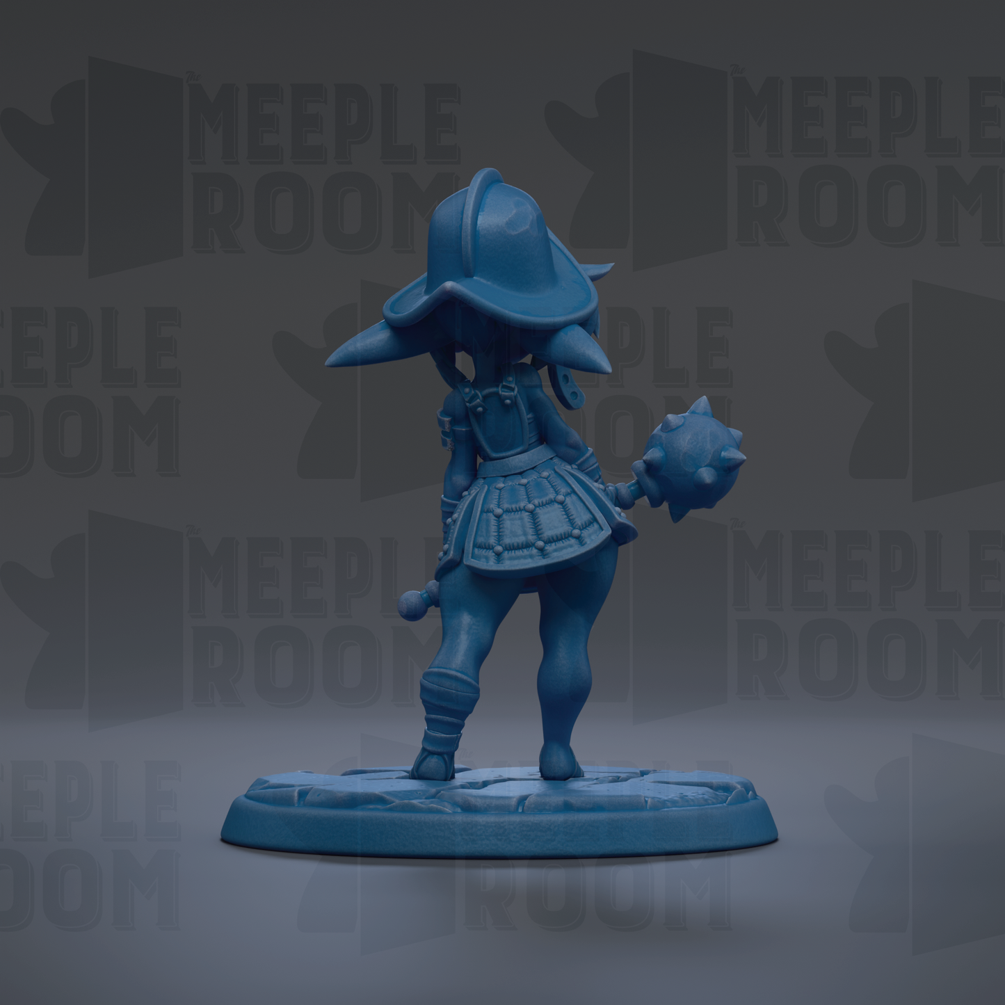 A blue figurine of a character with a pointed hat and a shield, standing on a base and holding a weapon.