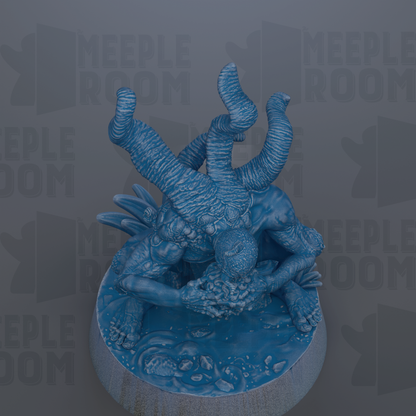 A blue, sculpted figurine with a twisted, claw-like design on a dark background.
