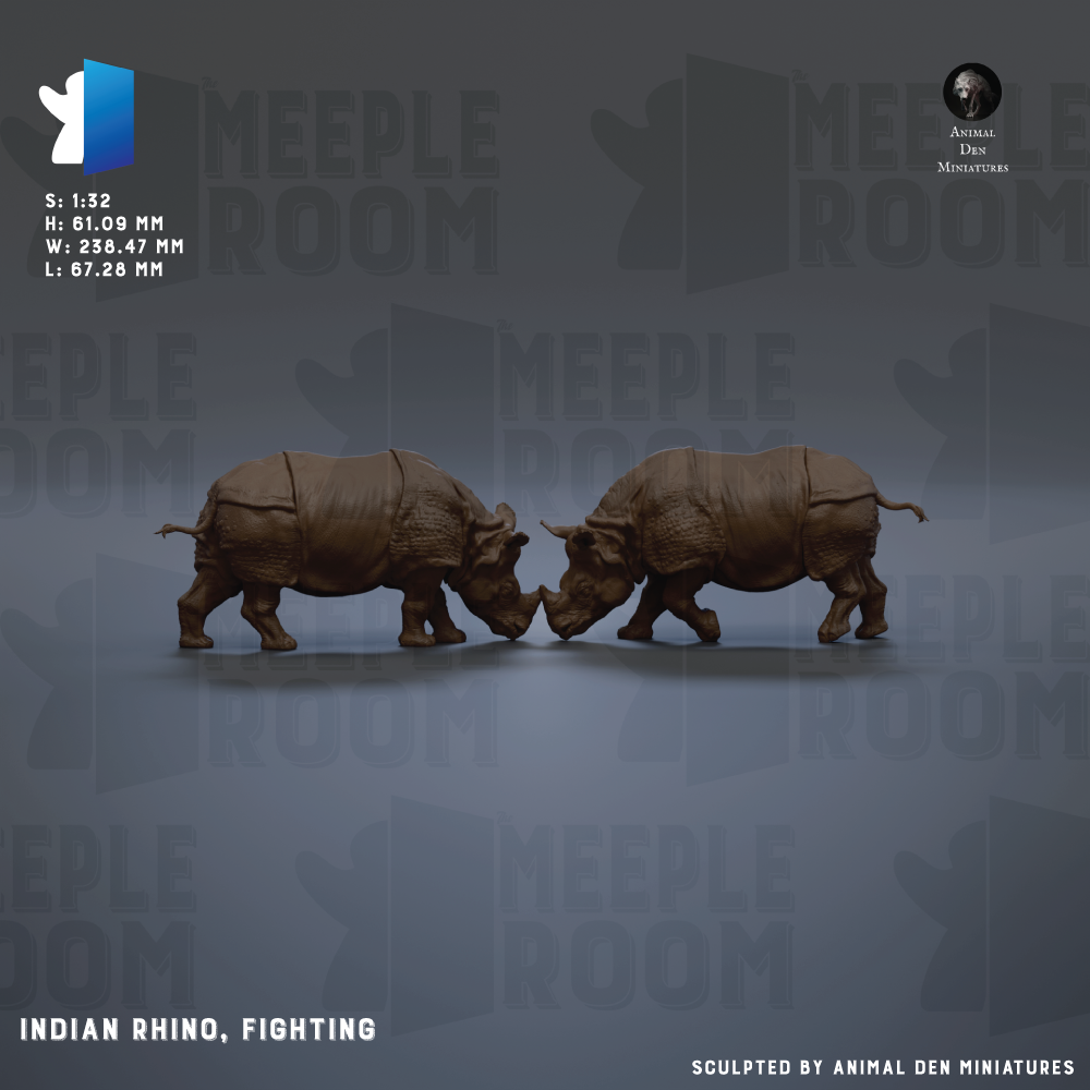 two brown rhinoceroses facing each other, with the text "INDIAN RHINO, FIGHTING" and "S.1:32 H:1.08 MM W:233.7 MM L:87.28 MM" visible.